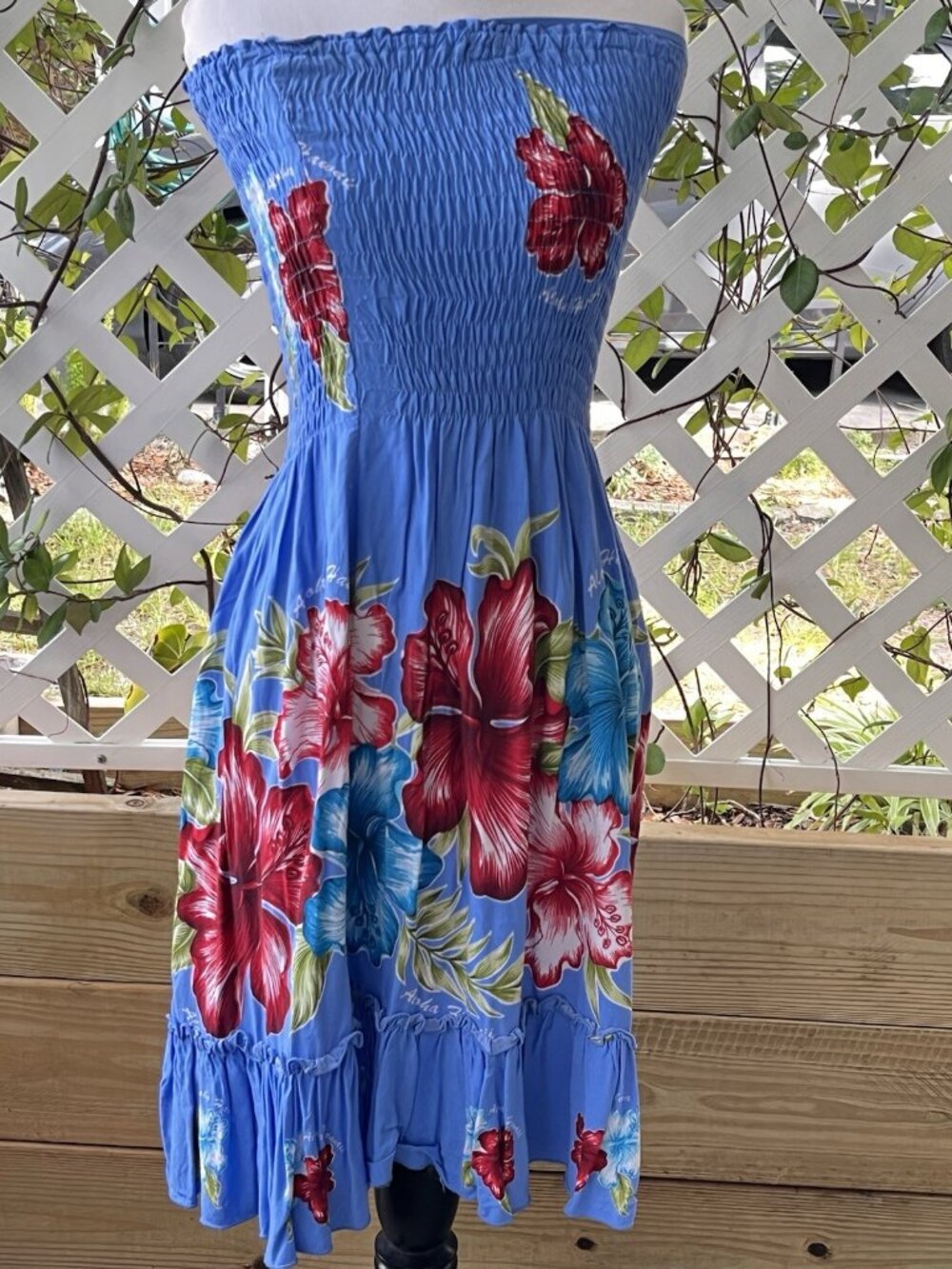 Vintage 90s Hawaiian Dress Tropical Floral Smocked Beach Resort Blue Rayon OS